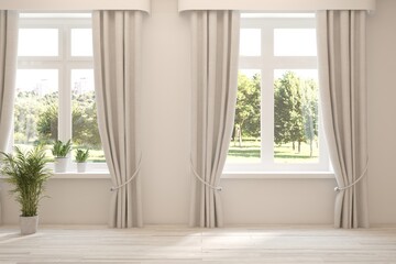 White empty room with summer landscape in window. Scandinavian interior design. 3D illustration