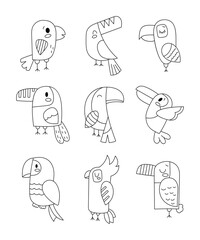 Cute parrot cartoon character. Funny tropical bird. Coloring Page. Vector drawing. Collection of design elements.