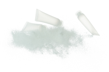 Cosmetic container white bottle fly splashing on white sand. Tube transparent sand powder in mid air. Moisturizer lotion cream bottle explosion flying. White background isolated high speed shutter