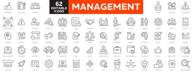 Business Management Outline Icon Collection. Thin Line Set contains such Icons as Vision, Mission, Values, Human Resource, Experience and more. Simple web icons set. - obrazy, fototapety, plakaty