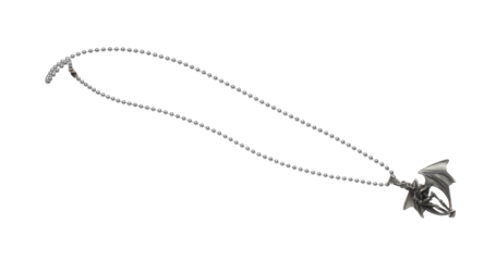 Silver devil bead style necklet fly in air. Silver metal necklace as gemstone for fashion ornament decorative items. Fashion ornament necklace to add more style. White background isolated
