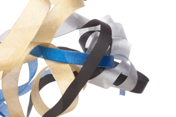 Colorful ribbon long straight fly in air with curve roll shiny. Blue silver gold black ribbon for present gift birthday party to wrap around decorate, blow fly in wind. White background isolated
