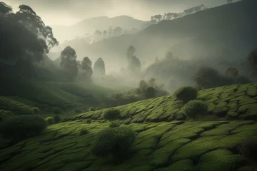 Foto op Canvas A hazy start to the day in a tea plantation in the highlands of Malaysia. Generative AI © Kellen