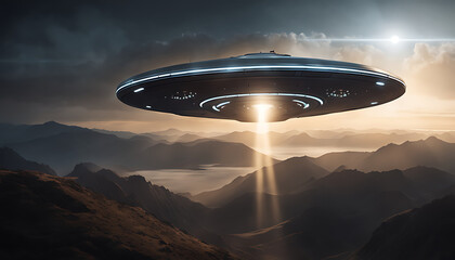 spaceship-like UFO with a bright beam of light extending downward, illuminating the ground below.