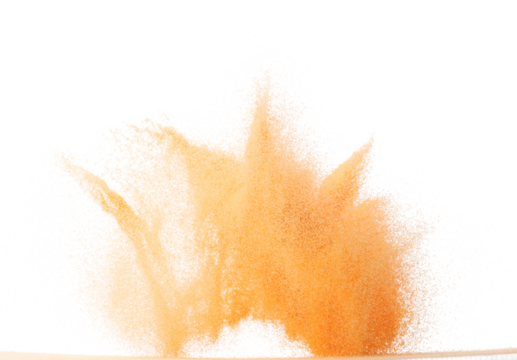 Small size orange Sand flying explosion, fruit sands grain wave explode. Abstract cloud fly. Orange colored sand splash throwing in Air. White background Isolated high speed shutter, throwing freeze