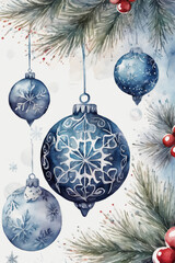 Christmas bauble with snowflakes on blue background. Watercolor illustration. - 663817806