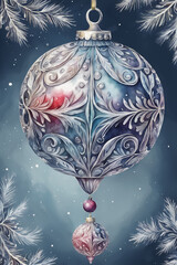 Christmas bauble with snowflakes on blue background. Watercolor illustration. - 663817825