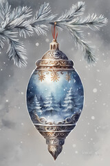 Christmas bauble with snowflakes on blue background. Watercolor illustration. - 663817827
