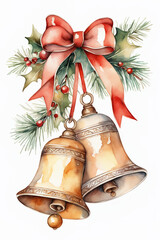 Watercolor christmas bell with bow and holly berry. - 663817829