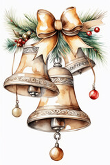 Watercolor christmas bell with bow and holly berry. - 663817830