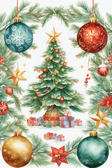 Christmas tree with decorations and gift boxes. Watercolor Christmas background. - 663817837