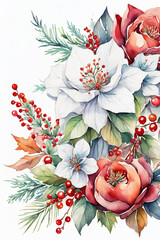 Watercolor floral bouquet with red and white flowers and berries. - 663817851