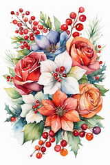 Watercolor floral bouquet with red and white flowers and berries. - 663817853