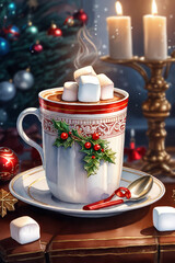 Cup of hot chocolate with marshmallows. Christmas and New Year background - 663817860
