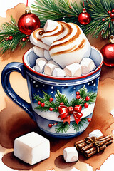 Cup of hot chocolate with marshmallows. Christmas and New Year background - 663817862