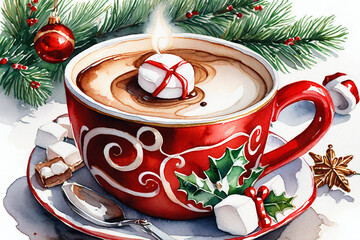 Cup of hot chocolate with marshmallows. Christmas and New Year background - 663817863
