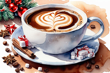 Cup of hot chocolate with marshmallows. Christmas and New Year background - 663817864