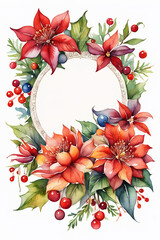 Watercolor Christmas frame with poinsettia, holly and berries.  - 663817865