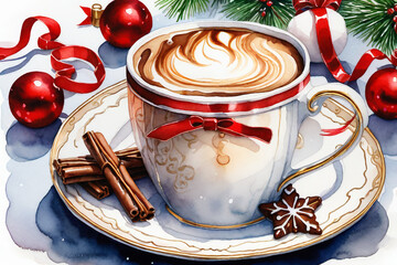 Cup of hot chocolate with marshmallows. Christmas and New Year background - 663817870