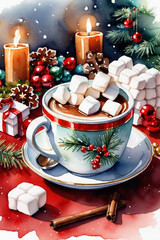 Cup of hot chocolate with marshmallows. Christmas and New Year background - 663817871