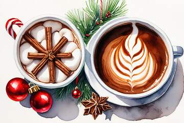 Cup of hot chocolate with marshmallows. Christmas and New Year background - 663817874