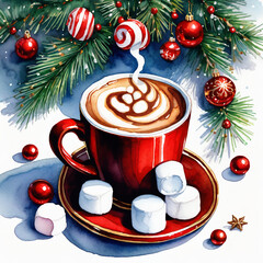 Cup of hot chocolate with marshmallows. Christmas and New Year background - 663817881