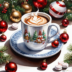 Cup of hot chocolate with marshmallows. Christmas and New Year background - 663817882