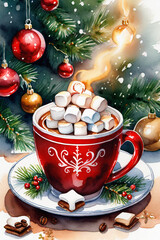 Cup of hot chocolate with marshmallows. Christmas and New Year background - 663817884