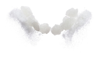 Rock Sugar mix refined ground dust fly explosion, white crystal Rock Sugar abstract cloud floating. Big Rock Sugar splash throwing in air. white background isolated high speed freeze motion
