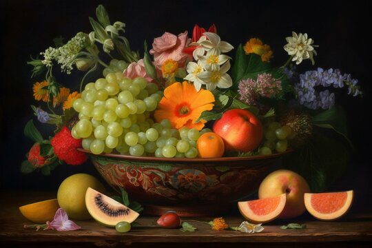 a still life painting of a fruit-filled bowl with floral accents and a variety of fruits including banana, orange, kiwi, and grapefruit. Generative AI
