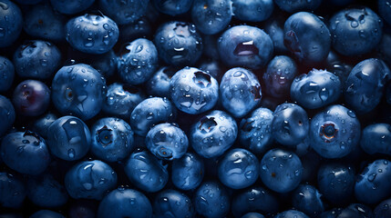 Fresh Blueberries background, adorned with glistening droplets of water. Top-down view.
