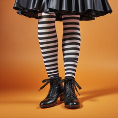 woman's legs wearing stripe tights, leather skirt and black boots on plain yellow studio background