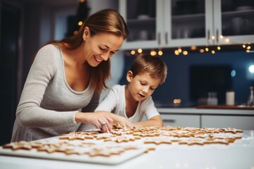 Mother and son together baking gingerbread cookies for Christmas holiday at the Xmas decorated kitchen. - obrazy, fototapety, plakaty