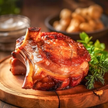 Knusprig gebratenes Schweinefleisch, angerichtet auf einem rustikalen Holzteller, Generative AI