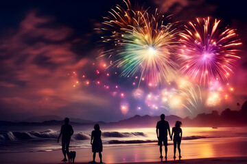 beautiful multi color firework on the beach, silhouette people, AI generated.