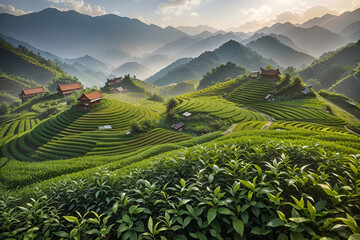 Harvesting on tea plantations. - obrazy, fototapety, plakaty