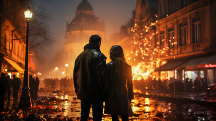 Paar schaut auf eine zerstörte brennende Stadt, Generative AI