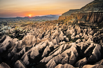 Sunset view in Cappadocia valley landscape. Turkey