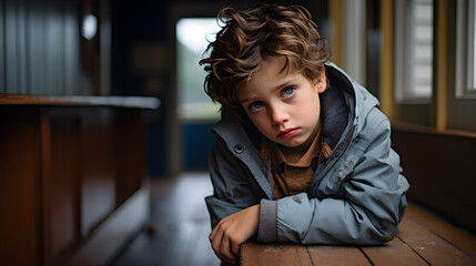 Sad little boy, created by generative AI technology - obrazy, fototapety, plakaty