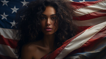 beautiful american woman wrapped in usa flag isolated over a black background. American patriot. national day concept