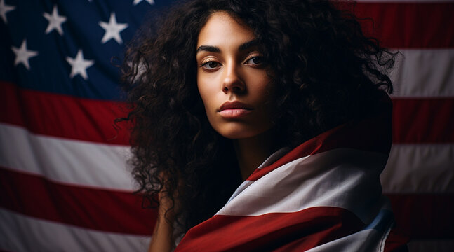 beautiful american woman wrapped in usa flag isolated over a black background. American patriot. national day concept