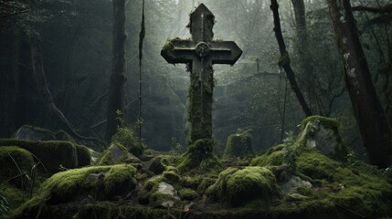 Old overgrown cemetery grave with a weather worn stone cross covered in green moss tombstone, dimly lit and hidden in remote part of the misty woods.