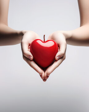 Woman's hands holding a heart shaped fresh red apple on white background. Food charity or fight with hunger conceptual image