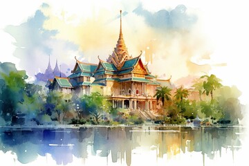 Impressionist watercolor illustration of Bangkok's grand palace landscape. Generative AI - obrazy, fototapety, plakaty