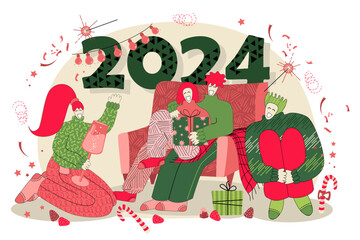vector illustration on the theme of Christmas and New Year in flat style. Vector illustration with people celebrating New Year in flat style. Christmas 2024