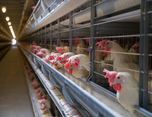 Egg hens on the farm. (Selctive focus) Fully automatic industrial egg production. Big farm 