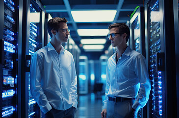 Two business people in modern server room, data centre or mining farm interior with beautiful neon lights reflections. ai
