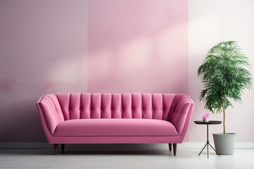 Chic modern living room interior design with a pink sofa and armchair on an empty white wall background, introducing a playful and luxurious touch
