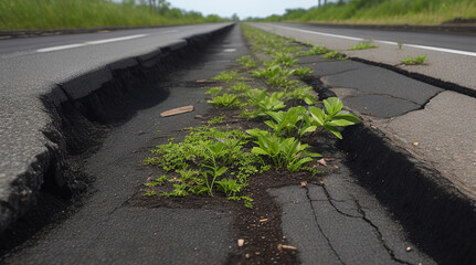 Cracked asphalt with plants growing through grass - Generative AI