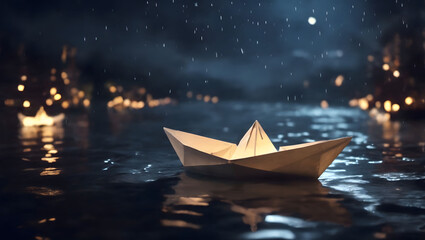 Paper boat sailing on the river in the rain - Powered by Adobe